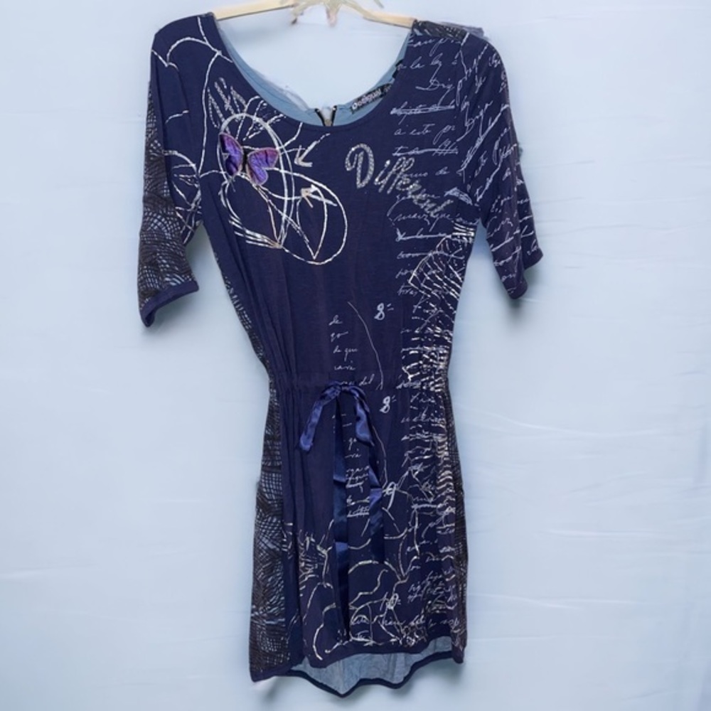 Desigual Butterfly Graphic Ruched Drawstring Dress Navy Gold Size XL